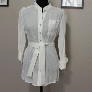 Elie Tahari Womens Angelica Tunic Button Down Blouse White Linen Blend Size S